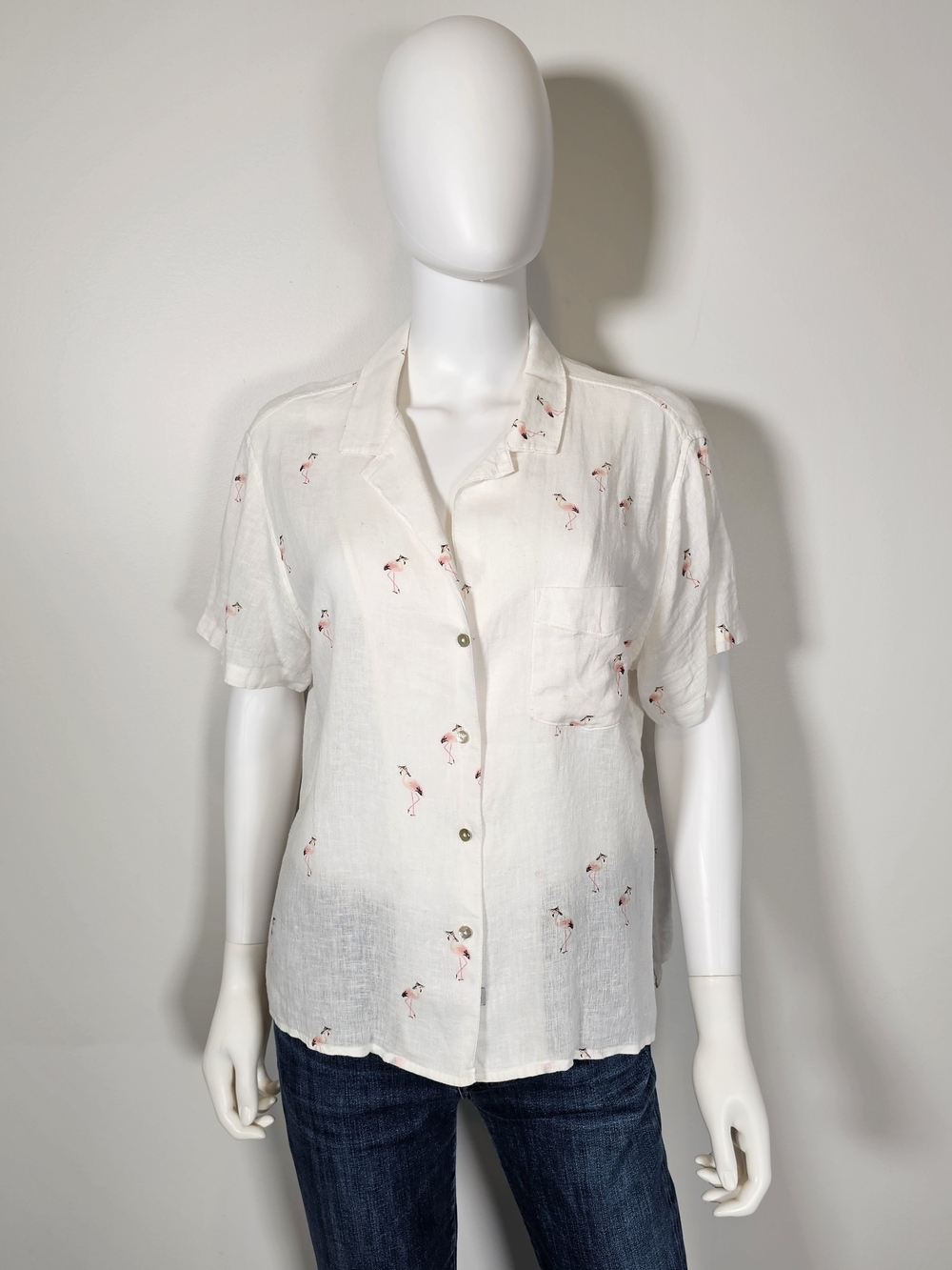 Rails Flamingo White Collared Short Sleeve Button Up Top Sz M